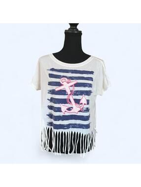 Y2K nautical striped anchor tee fringe hem beachy boho size medium 💙